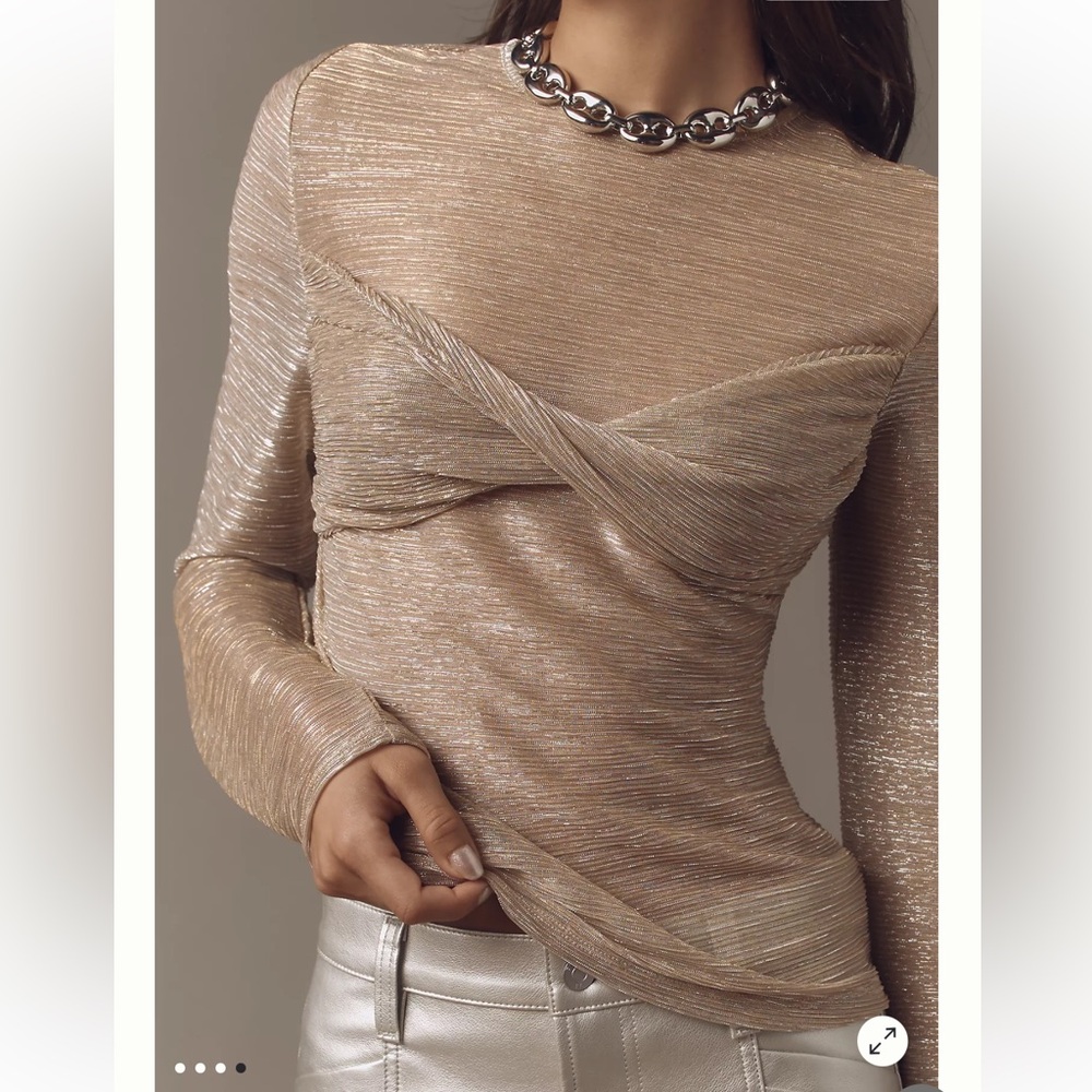 NWT Anthropologie Top  Sz Lg Shine Gold Metallic Twist Front Long Sleeve